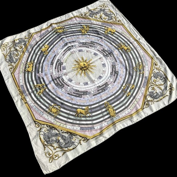 HERMES Dies Et Hore Square Silk Scarf Astrology Gray Multicolor Carre 90 - Picture 1 of 11